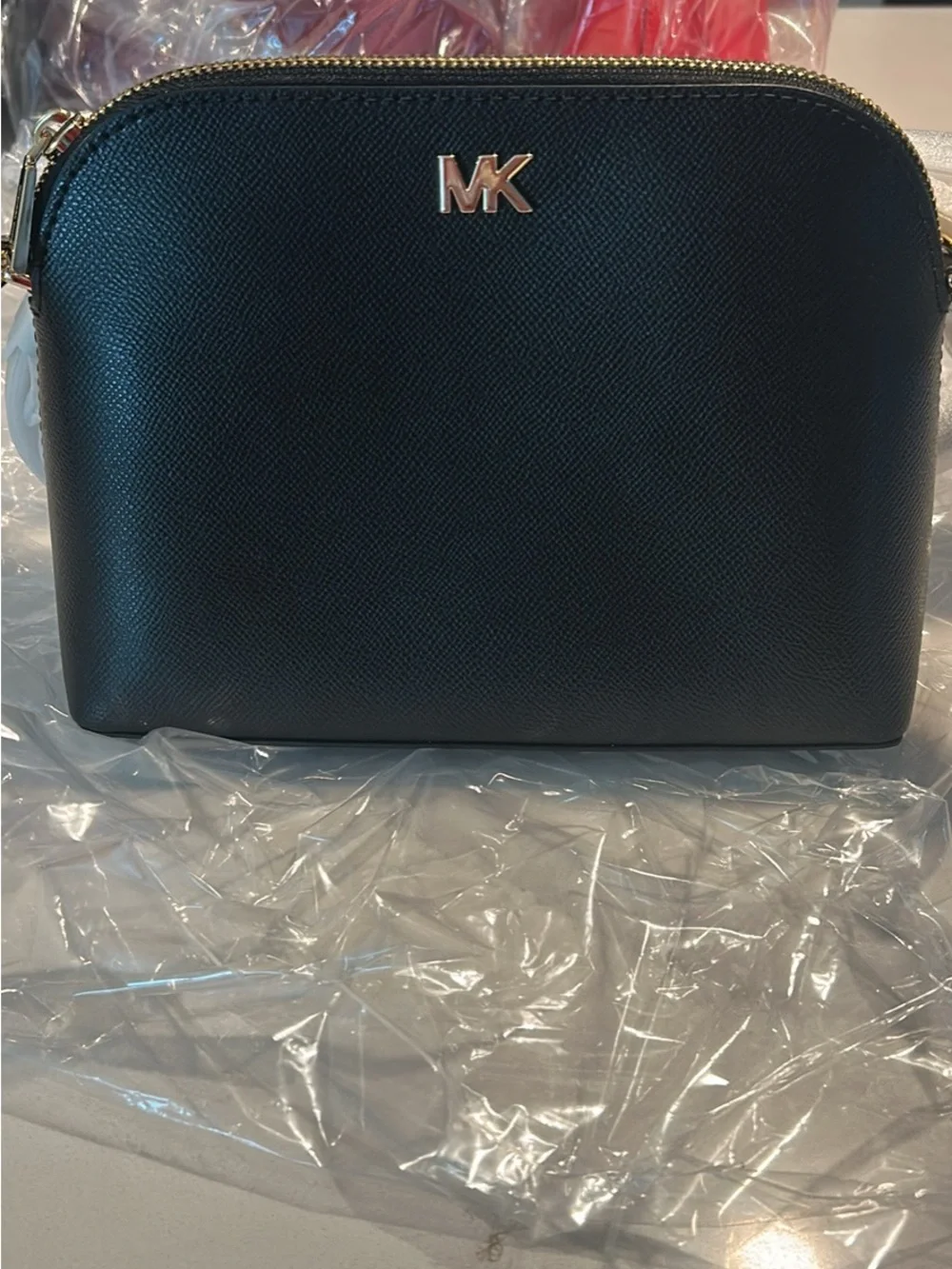 MICHAEL KORS Black Saffiano Leather Dome Crossbody with Gold Hardware